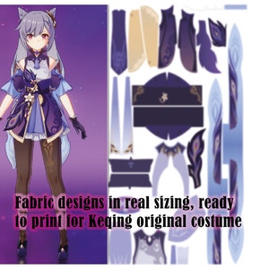 Puede incluir: Un patrón imprimible para un disfraz de cosplay de Keqing. El patrón incluye diseños de tela para la parte superior, la falda, las mangas y otros detalles. El patrón está listo para imprimir e incluye instrucciones de montaje.