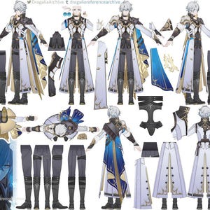 Peut inclure: Illustration détaillée d'un design de personnage, présentant divers angles et composants de la tenue. Le design comprend un long manteau blanc avec des accents dorés, une cape bleue et dorée, et des bottes noires. Inclut des pièces d'armure et des accessoires.