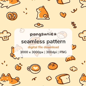 May include: A seamless pattern featuring cartoon Shiba Inu dogs, bread, pretzels, and other food-related illustrations on a light yellow background. The text "pangsunie seamless pattern" is displayed in a white rectangle. Digital file download.