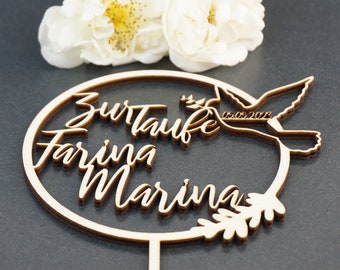 Personalisierter Tortentopper zur Taufe mit Datum - Taufe Tortenstecker - Kommunion Cake Topper - Kuchen Topper Vorname, Taube mit Zweig