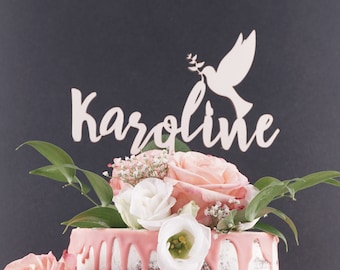 Personalisierter Tortentopper - Taufe Tortenstecker - Kuchenaufsatz Firmung - Kommunion Cake Topper - Kuchen Topper Vorname, Taube mit Zweig