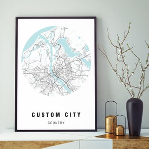 Impressão de mapa de cidade redondo personalizado, pôster de mapa circular personalizado, arte de parede minimalista moderna, download digital, presente de viagem exclusivo