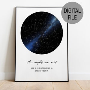 Impression personnalisée de carte des étoiles la nuit où nous nous sommes rencontrés, cadeau d'anniversaire de couple, coordonnées personnalisées, affiche date de lieu, art mural constellation