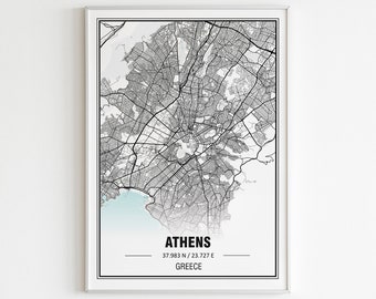 Athens map print, City map wall art, Europe City maps, Minimalist map art, Greece Travel poster, Instant download map, Wall art prints