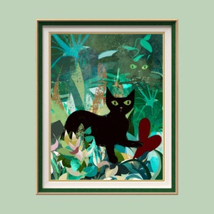 Black Cat Art Print | Gallery Wall Decor | Cat Lover Gift | Tropical Forest Art