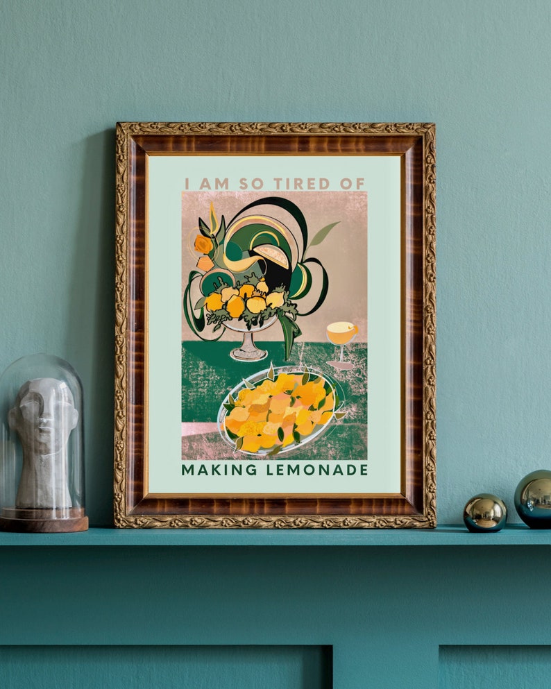 Retro Lemonade Idiom Print Blue Neutral Wall Art Vintage Humor Wall Art