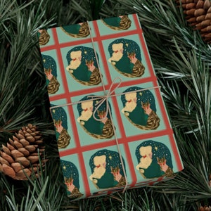 Papeles para envolver regalos navideños - Papeles para envolver regalos con diseño de gato retro y estrellas - Envoltura navideña nostálgica - Envoltura con acabado mate y satinado - Envoltura de regalos navideña