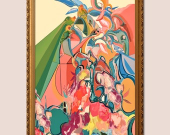 May include: Abstract painting with a colorful, organic design featuring birds, flowers, and geometric shapes. The painting is framed in a gold frame.
