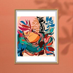 Cat Art Print: Whimsical Tropical Cat in Plants Wall Decor