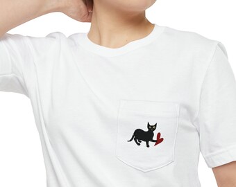 Black Cat Pocket T-Shirt: Heart on Sleeve, Unisex Cotton Tee