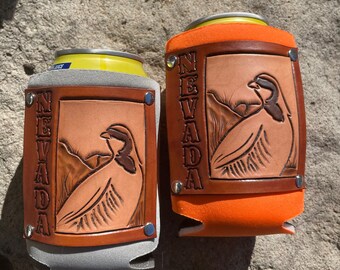 Hand Tooled Leather Nevada Chukar and Mountains Koozie