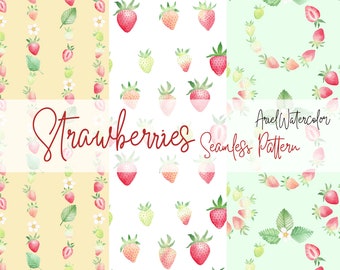 Watercolor strawberries seamless pattern, digital paper