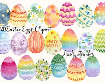 May include: Twenty watercolor Easter egg illustrations with various patterns and colors, including stars, hearts, stripes, polka dots, and waves. The text "Happy Easter" is written on one of the eggs.