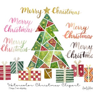 Christmas Clipart set, Christmas tree, presents, Merry Christmas calligraphy with gold decorations