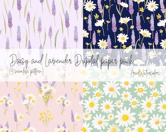 Daisy and Lavender seamless pattern, digital paper, jpeg files