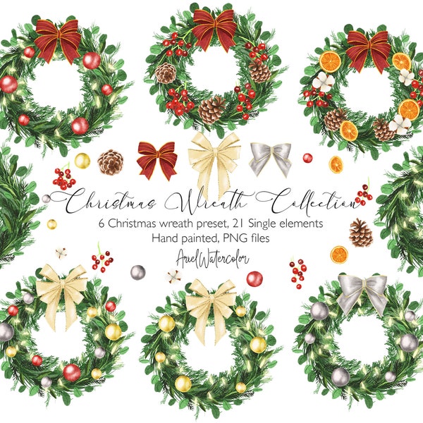 Christmas Wreath Collection, clipart, Christmas decoration, png files, ribbons, pine corn, Christmas balls