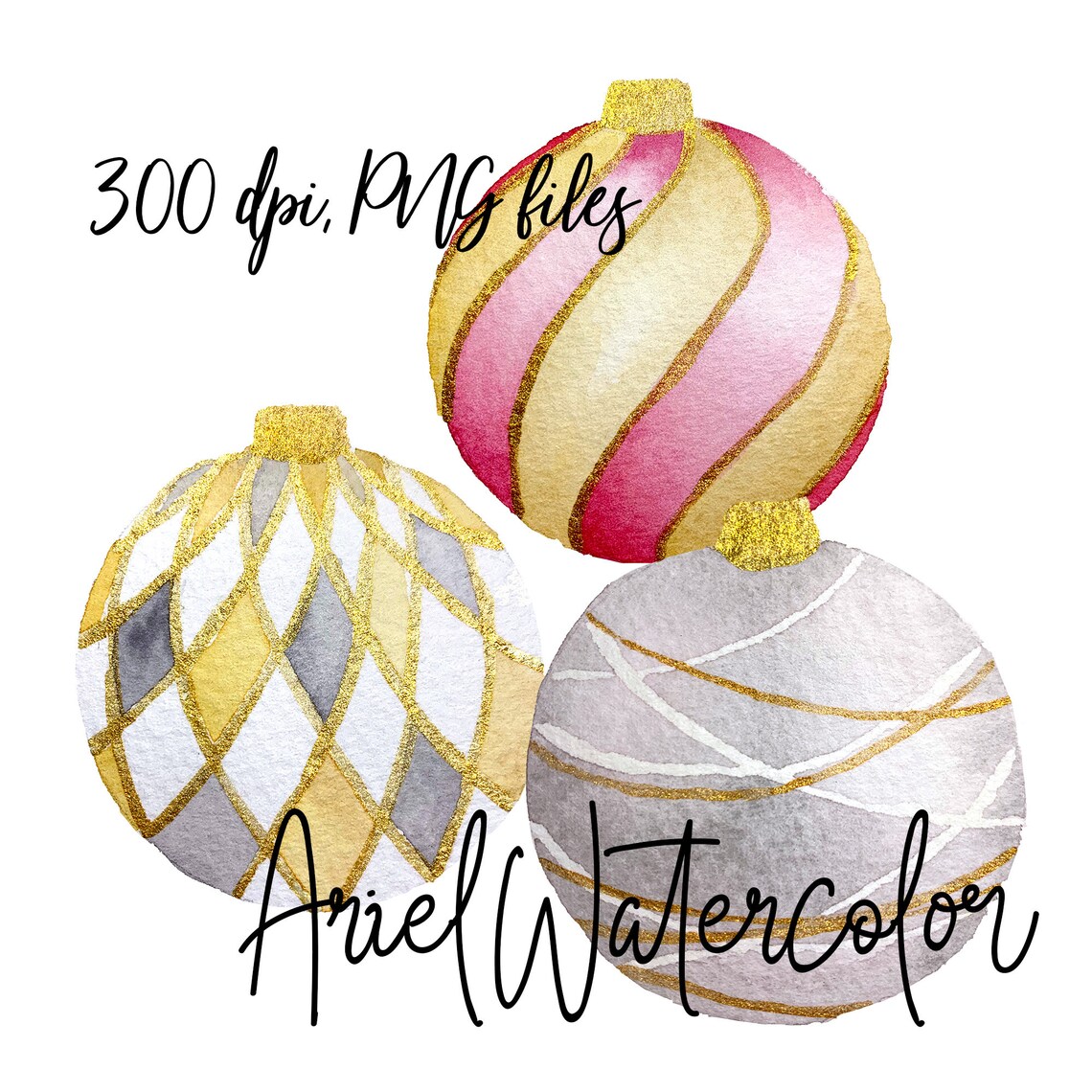 Watercolor Christmas Balls Clipart, Gold, Silver, White, Red and Green ...