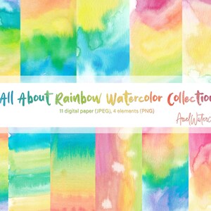 May include: A collection of 11 digital papers featuring watercolor rainbow designs. The papers are in various shades of red, orange, yellow, green, blue, indigo, and violet. The papers are perfect for scrapbooking, card making, and other craft projects.