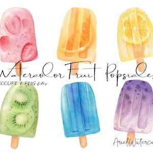 Puede incluir: Seis ilustraciones de acuarela de paletas de hielo de frutas. Las paletas de hielo son de color rosa, naranja, verde, azul y morado. El texto "Watercolor Fruit Popsicles" está escrito en negro en la parte inferior de la imagen.