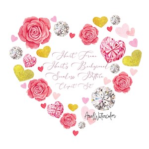 May include: Watercolor heart frame clipart set with pink, red, and gold hearts, roses, and diamonds. The text "Heart Frame Hearts Background Seamless Pattern Clipart Set Apel Watercolor" is written in cursive.