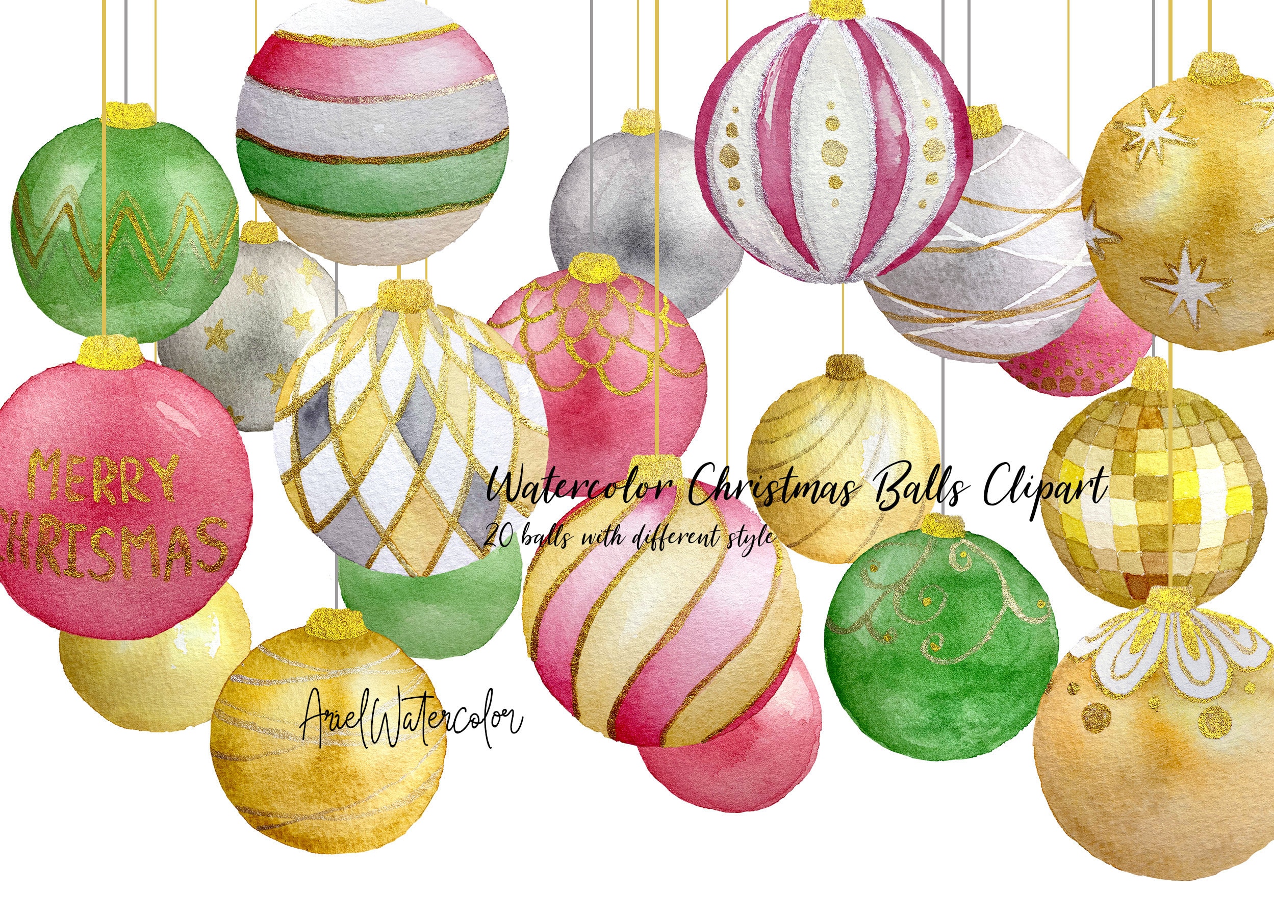 Watercolor Christmas Balls Clipart, Gold, Silver, White, Red and Green ...