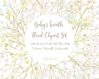 Aquarel Baby's adem Bloemen clipart-PNG bestanden, handgeschilderd, Bloemen, krans, frame, elementen