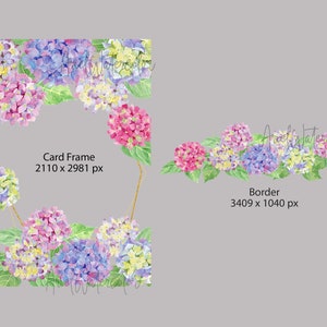 Op de afbeelding: Een aquarel-illustratie van een bloemige rand met roze, blauwe en gele hortensia's. De rand is perfect om een ​​toets van elegantie aan elk project toe te voegen. De afbeelding bevat ook een kaartframe met hetzelfde bloemige ontwerp. Het kaartframe is 2110 x 2981 pixels en de rand is 3409 x 1040 pixels.