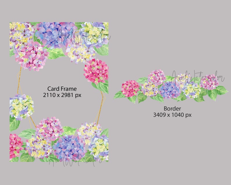 Op de afbeelding: Een aquarel-illustratie van een bloemige rand met roze, blauwe en gele hortensia's. De rand is perfect om een ​​toets van elegantie aan elk project toe te voegen. De afbeelding bevat ook een kaartframe met hetzelfde bloemige ontwerp. Het kaartframe is 2110 x 2981 pixels en de rand is 3409 x 1040 pixels.