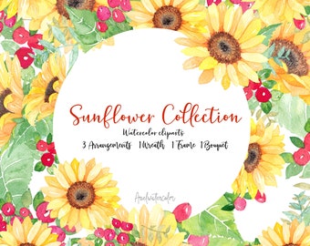 Watercolor Sunflower Floral Collection clipart-PNG files,hand painted, wreath, frame, bouquet, arrangements