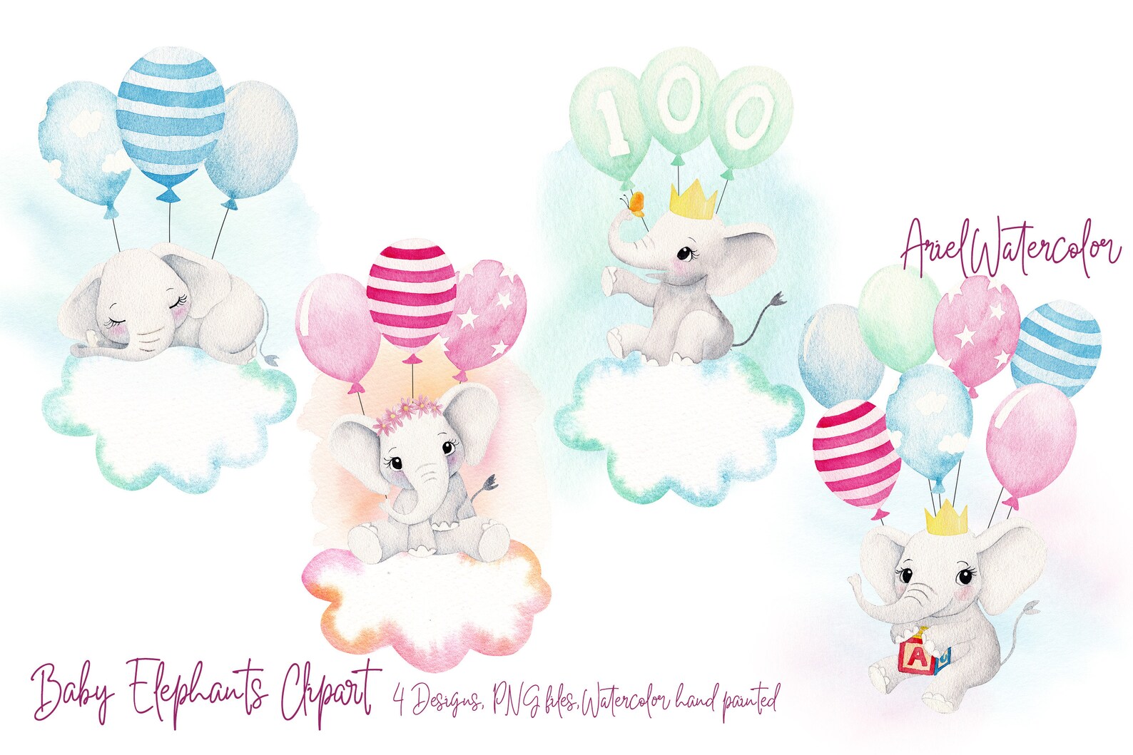 Watercolor Baby Elephants Clipart, 4 Designs, Baby Shower, Print ...
