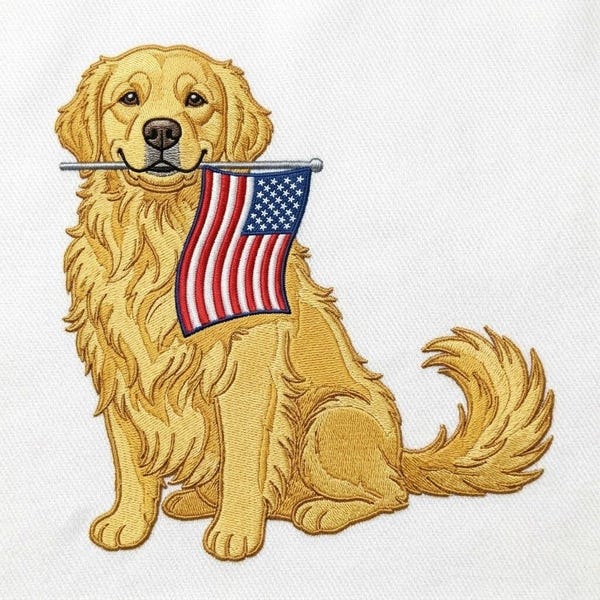 Wzór haftu Golden Retriever, Patriotyczny pies z amerykańską flagą, Plik do haftu maszynowego z okazji 4 lipca, Cyfrowe pobieranie dla miłośników psów