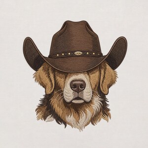 Könnte beinhalten: Ein gestickter Aufnäher mit einem goldbraunen Hund, der einen dunkelbraunen Cowboyhut trägt. Der Hut hat ein strukturiertes Band mit kleinen Metallnieten und einem ovalen Detail in der Mitte. Der Hund hat detailliertes Fell und eine dunkle Nase.