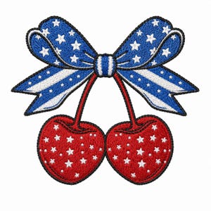 Patriotic Cherries Embroidery Design, USA Flag Bow Embroidery File, 4th of July Machine Embroidery Pattern, Summer Americana Patch Design