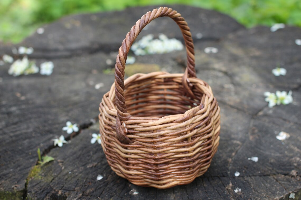 Small round wicker basket with handle Wicker pot for creating Etsy