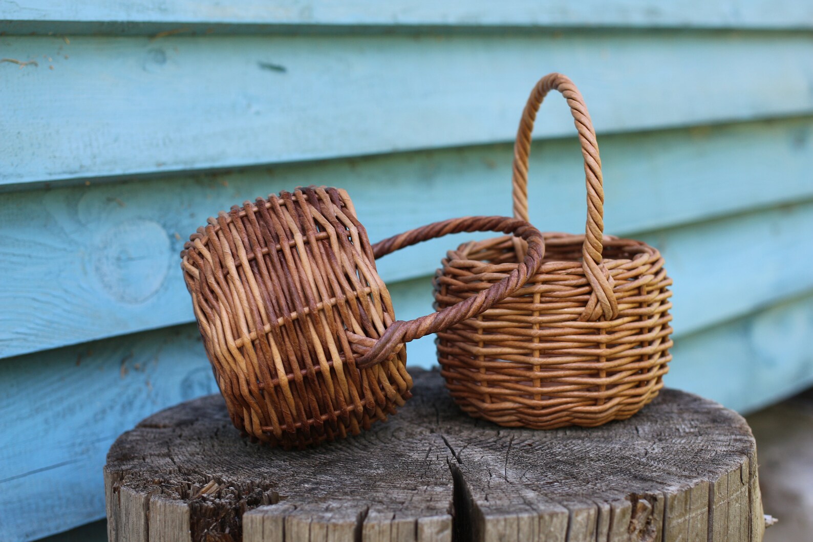 Small round wicker basket with handle Wicker pot for creating Etsy