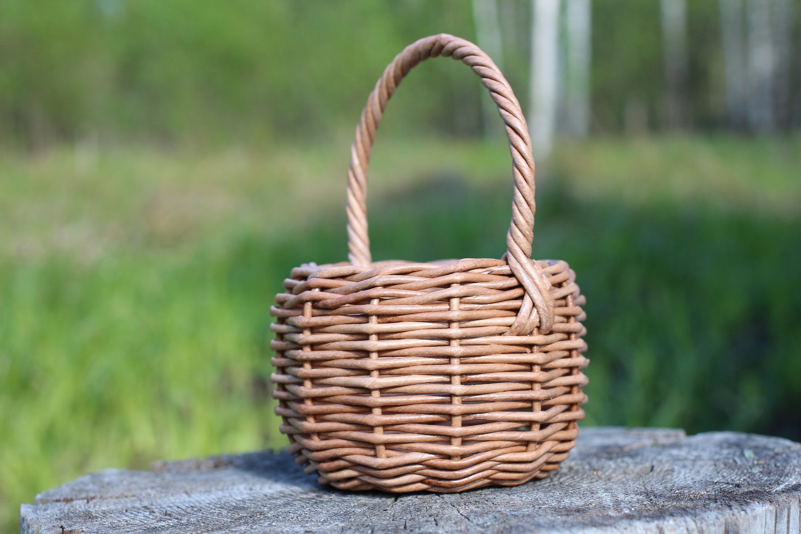 Small round wicker basket with handle Wicker pot for creating Etsy