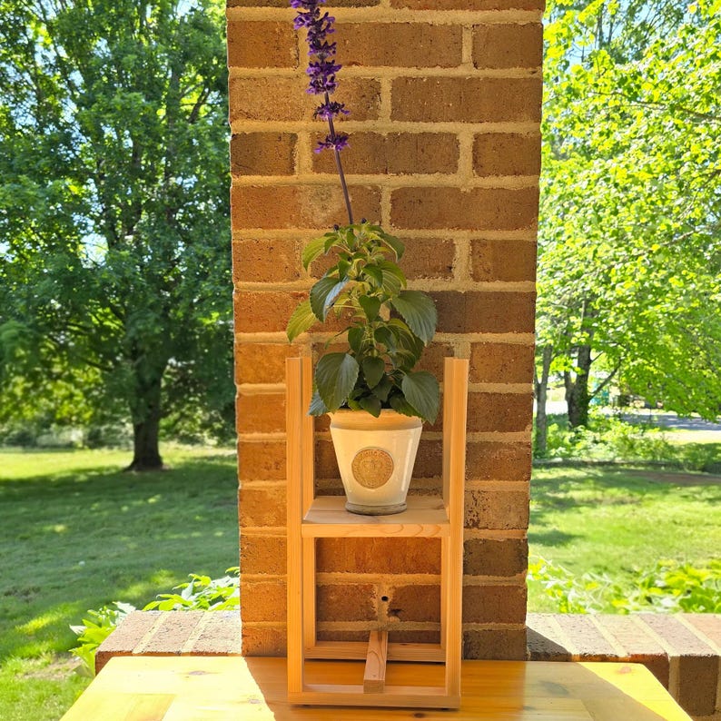 May include: A wooden plant stand with a potted plant featuring purple flowers and green leaves. The plant is in a white pot with a decorative emblem. The stand is made of light-colored wood and has two shelves. The background includes a brick wall and a green lawn.