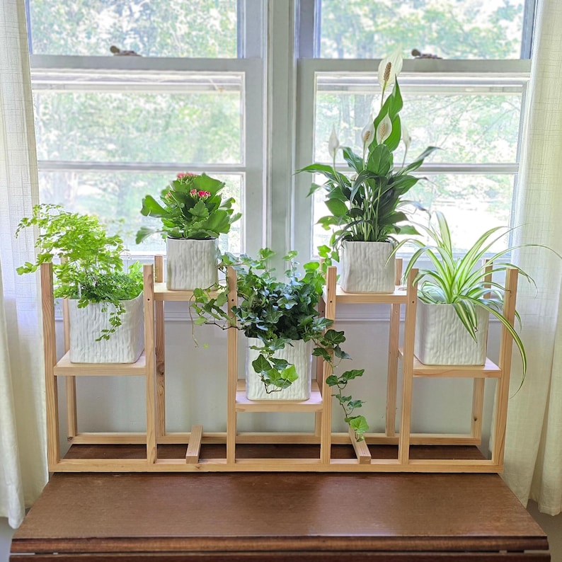 May include: A wooden plant stand with multiple levels, holding various potted plants. The plants include ferns, ivy, and a peace lily, all in white textured pots. The stand is made of light-colored wood and is positioned in front of a window.