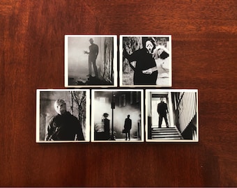 Set of 4 Ceramic Horror Movie Coasters- Black & White-Halloween- Halloween Decor- Halloween Coasters- Horror Black and White- Pick 4 Set