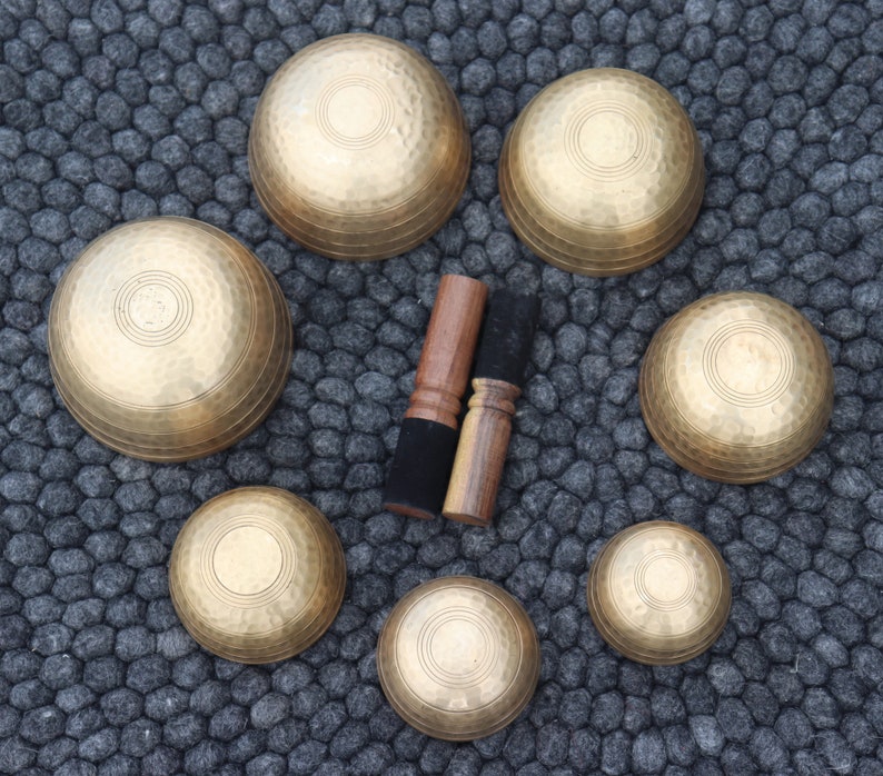 Set of 7 Mantra Etched Singing Bowls Handmade Tibetan Bowls for