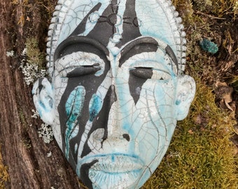 Masque Raku en céramique, Art fait main de Suède, Décoration murale, Décoration d'intérieur