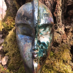 Ceramic Raku Mask, Handmade Art from Sweden, Wall Decoration, Home Decor