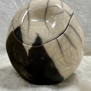 Handmade Raku Ceramic Jar with lid • Unique Crackle Glaze Pottery • Japanese Style Art Jar • Artisan Home Decor Gift