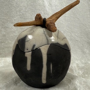 Handmade Raku Ceramic Jar with Driftwood Lid • Unique Crackle Glaze Pottery • Japanese Style Art Jar • Artisan Home Decor Gift