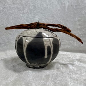 Handmade Raku Ceramic Jar with Driftwood Lid • Unique Crackle Glaze Pottery • Japanese Style Art Jar • Artisan Home Decor Gift