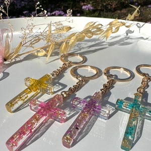 Schlüsselanhänger | Cross Kreuz | Blüten Blumen | Gold | Taufe Geburt Hochzeit Konfirmation Kommunion