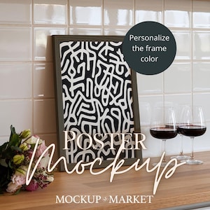 Vertical Framed Canvas Mockup Kitchen, DIN A Ratio, Wood Frame, PSD Photoshop Photopea Mockup, interior frame mockup, kitchen desk Mockup