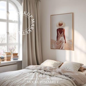 Bedroom Wall Art Mockup - 2:3 Ratio Thin Wood Frame (PSD)