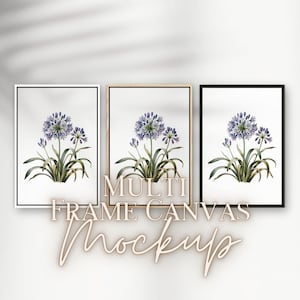 May include: Three framed canvas prints featuring watercolor illustrations of purple Agapanthus flowers with green leaves. The frames are white, natural wood, and black. The text "MULTI FRAME CANVAS Mockup" is below the frames.
