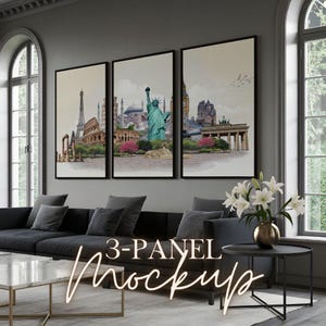 May include: Three framed artworks showcasing famous landmarks: the Eiffel Tower, Colosseum, Statue of Liberty, Hagia Sophia, and Brandenburg Gate. The artworks are displayed above a black sofa in a modern living room. The text "3-PANEL Mockup" is visible.